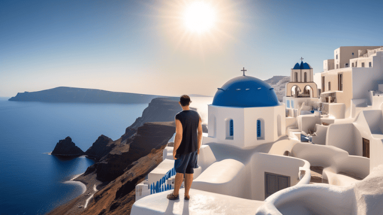 A lone traveler stands on a rocky precipice overlooking the sun-drenched Aegean Sea, with whitewashed buildings and blue-domed churches dotting the rugged coastline of Santorini in the distance