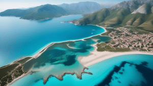 An aerial photograph of the Albanian coastline, showcasing its stunning turquoise waters, pristine beaches, and majestic mountain ranges in the background, showcasing Albania's hidden beauty and natur