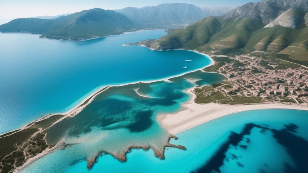 An aerial photograph of the Albanian coastline, showcasing its stunning turquoise waters, pristine beaches, and majestic mountain ranges in the background, showcasing Albania's hidden beauty and natur