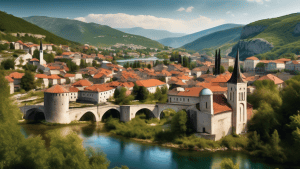 An evocative panoramic image of Bosnia and Herzegovina, showcasing its rich cultural heritage and natural beauty. The image should capture the country's serene landscapes, historic architecture, and v