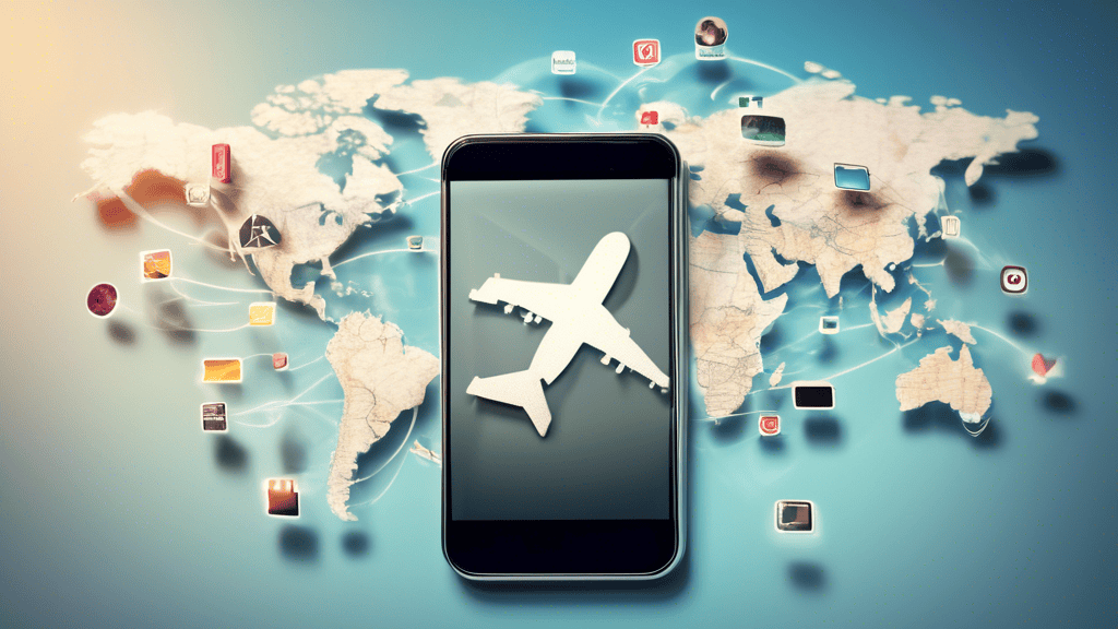 A smartphone with travel app icons floating out of the screen, forming the shape of an airplane against a backdrop of a world map.