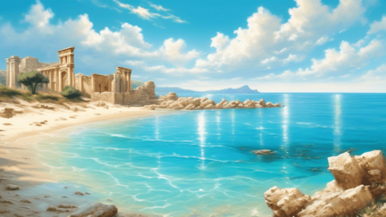 A Mediterranean beach with crystal-clear turquoise waters and soft golden sand, with ancient ruins in the background overlooking the sea, and a bright blue sky with white clouds and sunshine.