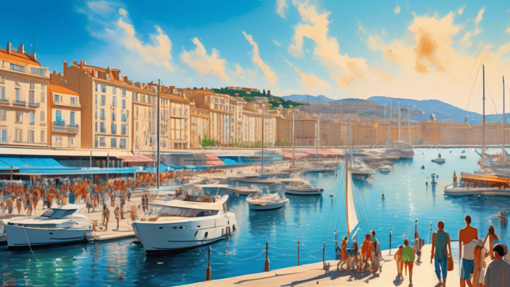 A bustling port scene in Marseille, with yachts and sailboats bobbing in the water, surrounded by colorful buildings and a vibrant waterfront promenade. The sky is a clear blue, and the sun is shining