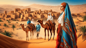 A vibrant and captivating scene showcasing the rich cultural heritage of Algeria, with stunning architecture, traditional clothing, and the beauty of the Sahara Desert.