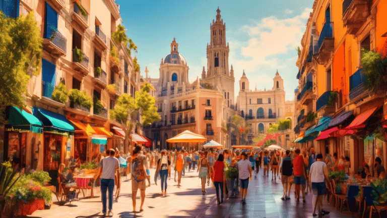 A vibrant and colorful cityscape of Valencia, Spain, showcasing its iconic architecture, lush gardens, and lively streets filled with people enjoying the city's vibrant atmosphere.