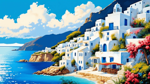 A panoramic view of a stunning Greek island, surrounded by a sparkling azure sea. Whitewashed buildings cling to the hillside, while lush vegetation and vibrant wildflowers create a vibrant tapestry.