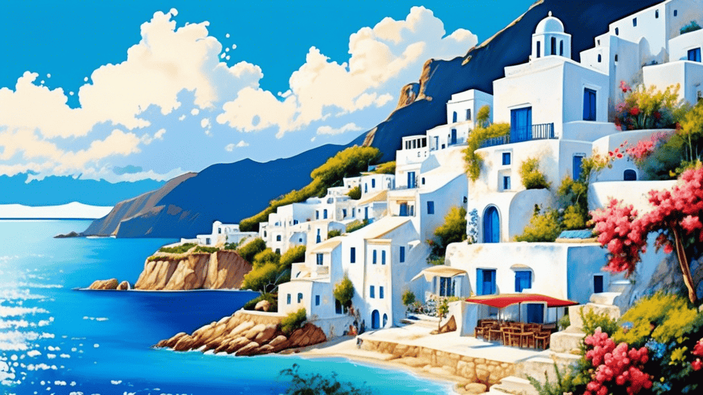 A panoramic view of a stunning Greek island, surrounded by a sparkling azure sea. Whitewashed buildings cling to the hillside, while lush vegetation and vibrant wildflowers create a vibrant tapestry.