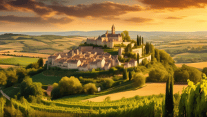 A panoramic vista of the French countryside, with rolling hills, vineyards, medieval castles, and historic villages nestled amidst lush greenery, bathed in the warm glow of a golden sunset.