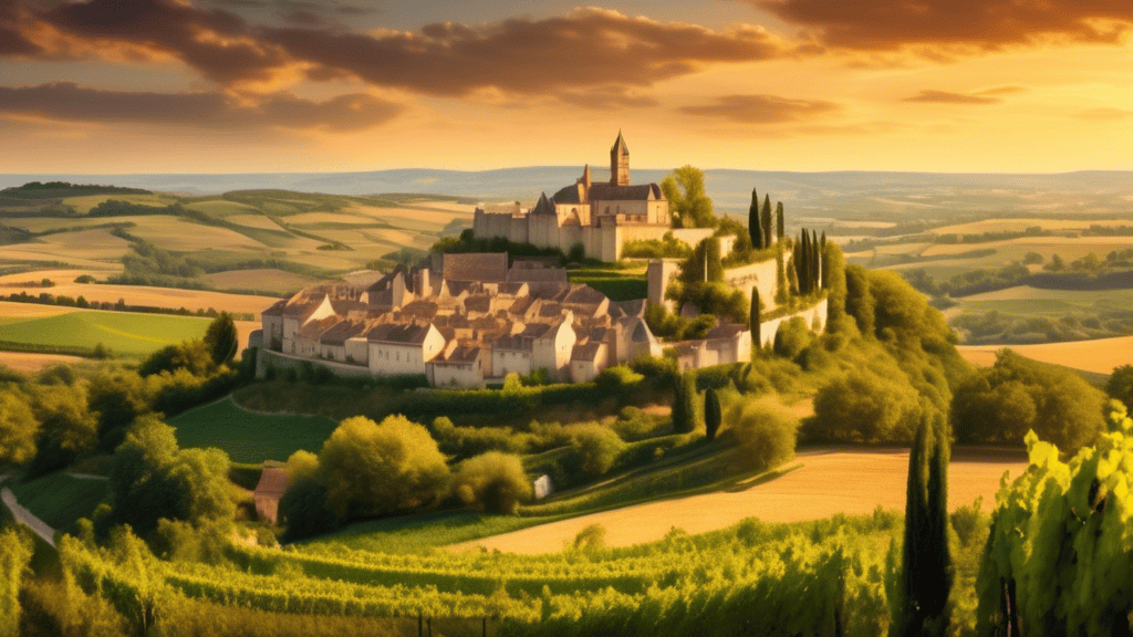 A panoramic vista of the French countryside, with rolling hills, vineyards, medieval castles, and historic villages nestled amidst lush greenery, bathed in the warm glow of a golden sunset.