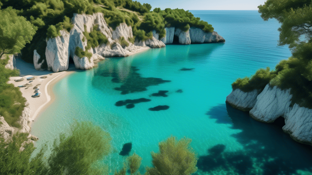 An image of a hidden gem in Albania, such as a secluded beach, a charming village, or a breathtaking natural wonder, surrounded by lush greenery and sparkling turquoise waters, showcasing the country'