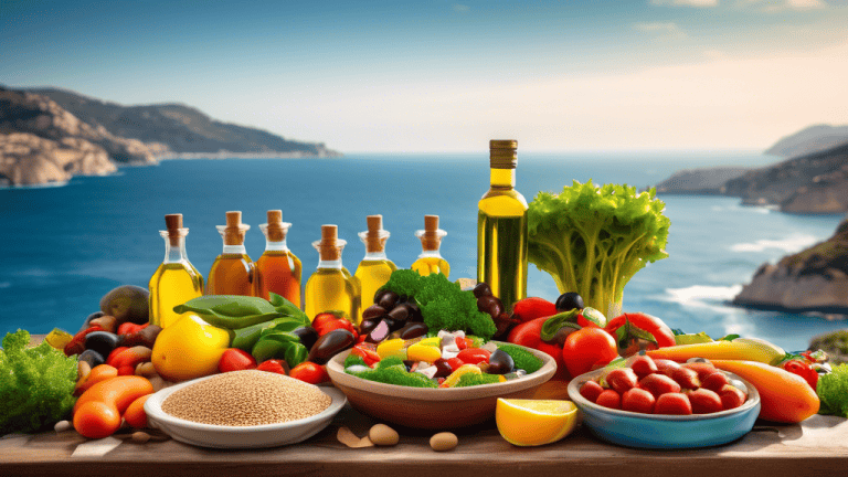 A photo of a vibrant Mediterranean diet, featuring fresh vegetables, fruits, whole grains, and olive oil, with the ocean in the background