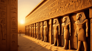 Intricate hieroglyphics adorning the ancient walls of an Egyptian temple, casting ethereal shadows in the golden hour of sunset, revealing the grandeur of a civilization lost to time, surrounded by to