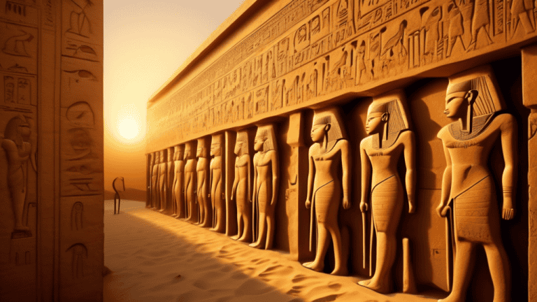 Intricate hieroglyphics adorning the ancient walls of an Egyptian temple, casting ethereal shadows in the golden hour of sunset, revealing the grandeur of a civilization lost to time, surrounded by to