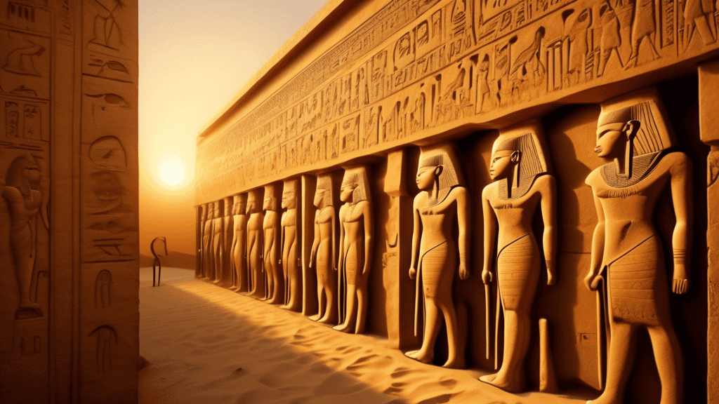 Intricate hieroglyphics adorning the ancient walls of an Egyptian temple, casting ethereal shadows in the golden hour of sunset, revealing the grandeur of a civilization lost to time, surrounded by to