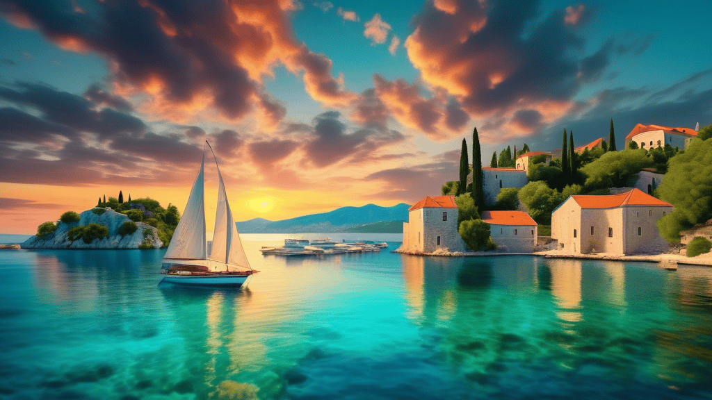 A picturesque landscape of turquoise waters and lush green islands, with traditional Croatian architecture and sailboats in the foreground, under a vibrant sunset sky.