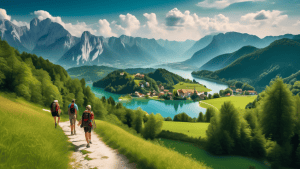 An enchanting landscape of Slovenia, with lush green mountains, sparkling lakes, and charming villages nestled amidst the valleys. The sky is a brilliant blue, with a few wispy clouds floating by. In