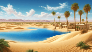 A vast, golden desert landscape with rolling sand dunes and a single oasis in the distance. The oasis features a lush green palm grove, a sparkling blue lagoon, and a traditional Tunisian village with