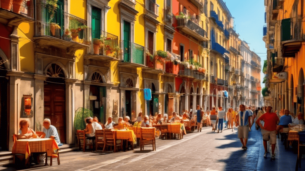 A vibrant and sun-drenched street scene in the heart of Naples, Italy. The narrow lanes are lined with colorful buildings, charming cafes, and bustling shops. Locals and tourists alike fill the street