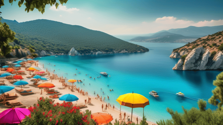 A breathtaking panoramic view of a captivating Turkish landscape, showcasing the vibrant hues of the country's natural wonders. In the foreground, a crystal-clear azure sea stretches out to meet a gol