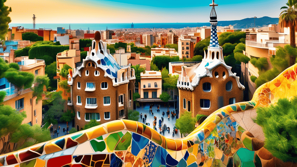 A vibrant and colorful cityscape of Barcelona, Spain, showcasing its iconic architecture, such as the Sagrada Familia and Park Güell, surrounded by lush greenery and bustling city life.