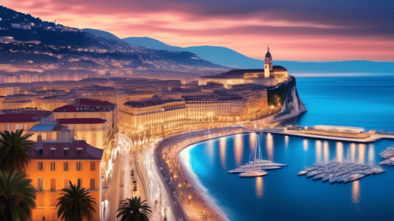 A vibrant, enchanting photograph of the city of Nice, France, capturing its iconic architecture, azure coastline, and bustling atmosphere.