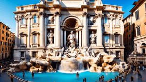 A vibrant, panoramic view of the iconic Trevi Fountain in Rome, Italy, surrounded by ancient architecture and throngs of tourists, under a clear blue sky