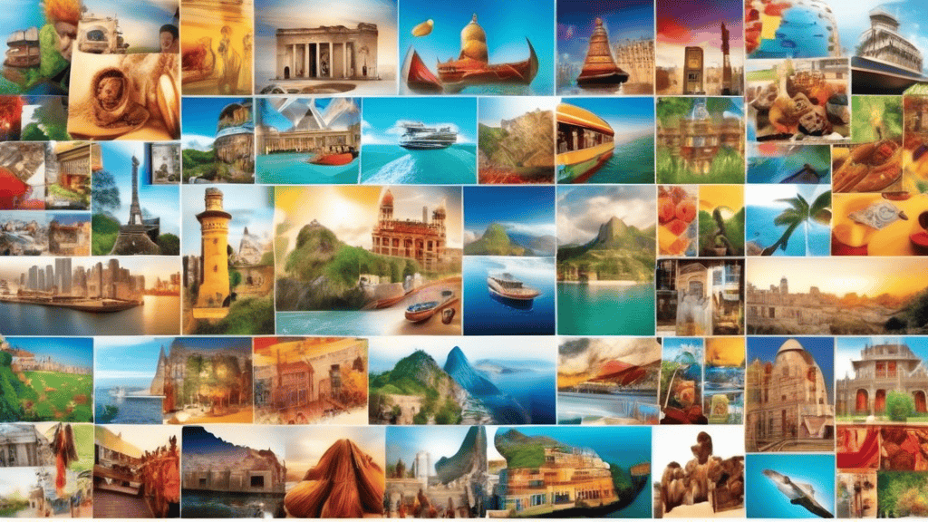 A montage of vibrant and diverse images showcasing the wonders and experiences of international travel, capturing the cultural, historical, natural, and culinary diversity of the world. Include landma