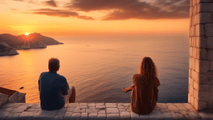 A tourist couple admiring the sunset over the Adriatic Sea from the walls of Dubrovnik, Croatia