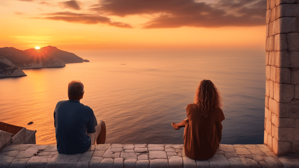 A tourist couple admiring the sunset over the Adriatic Sea from the walls of Dubrovnik, Croatia