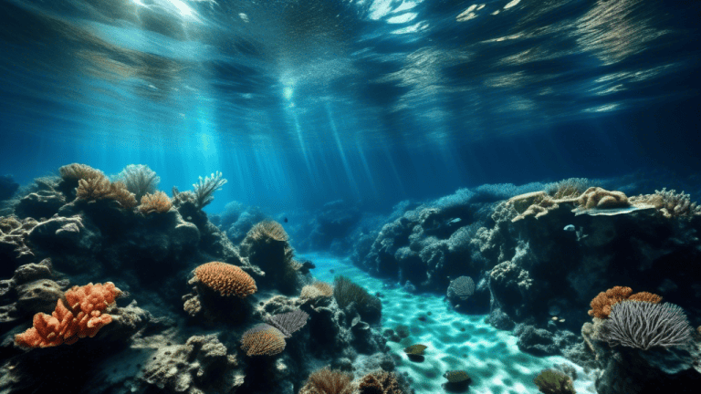 An underwater photograph of the Azure depths of the Adriatic Sea, showcasing the vibrant coral reefs and diverse marine life, with shafts of sunlight filtering through the water surface.