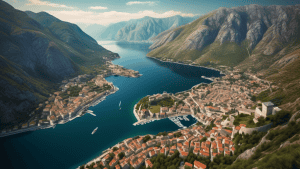 A breathtaking aerial view of the Bay of Kotor, Montenegro, showcasing its winding coastline, lush mountains, and charming medieval towns nestled on the shores.