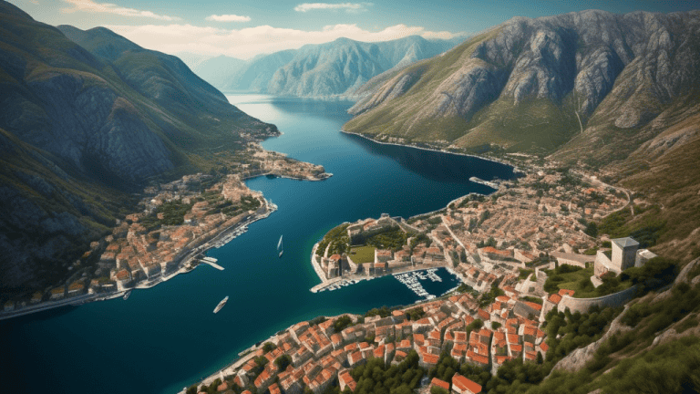 A breathtaking aerial view of the Bay of Kotor, Montenegro, showcasing its winding coastline, lush mountains, and charming medieval towns nestled on the shores.
