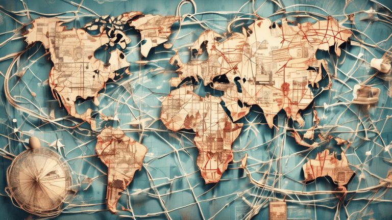 A modern art poster depicting a global map with interconnected lines and symbols representing seamless travel, such as a passport, luggage, and airplane.