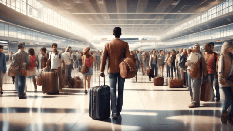 A photorealistic image of a person at an airport with suitcases, a map, and a passport, surrounded by diverse people and cultures, representing the excitement and challenges of international travel fo