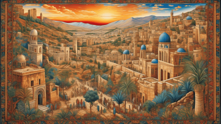 A vibrant and intricate tapestry representing the historical and modern landscape of Israel, showcasing ancient ruins, modern skyscrapers, flourishing innovation hubs, and diverse cultures, all harmon