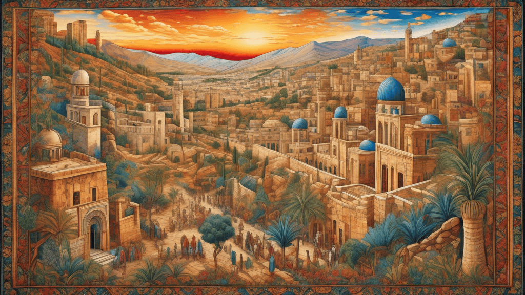 A vibrant and intricate tapestry representing the historical and modern landscape of Israel, showcasing ancient ruins, modern skyscrapers, flourishing innovation hubs, and diverse cultures, all harmon