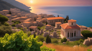 An ancient Roman temple overlooking the Mediterranean Sea, with lush green mountains in the background and a traditional Lebanese village in the foreground. The temple is in ruins, but its columns and
