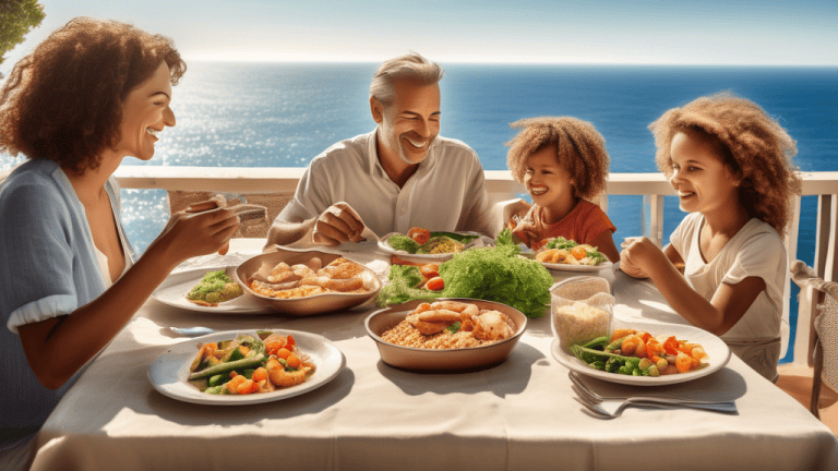 A photo of a family enjoying a healthy meal of fish, vegetables, and whole grains on a sunny patio overlooking the Mediterranean Sea