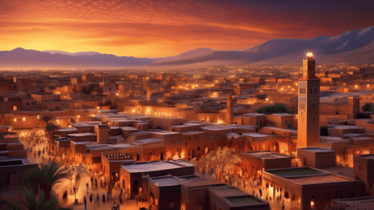 A stunning photorealistic landscape image of the enchanting lands of Morocco. Capture the vibrant colors, intricate architecture, and the rich tapestry of culture and history. Showcase the vast expans
