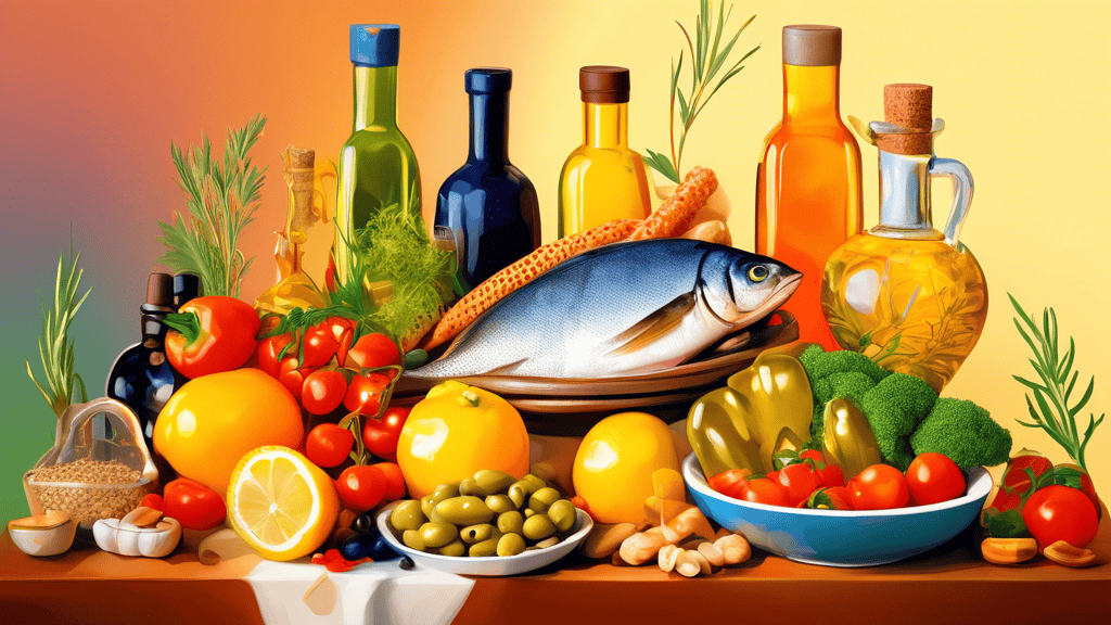 A colorful and vibrant still life of fresh Mediterranean diet ingredients like fish, olive oil, vegetables, fruits, and whole grains, with the warm glow of the Mediterranean sun.