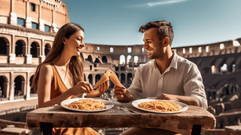 A couple sharing a plate of pasta with the Colosseum in the background