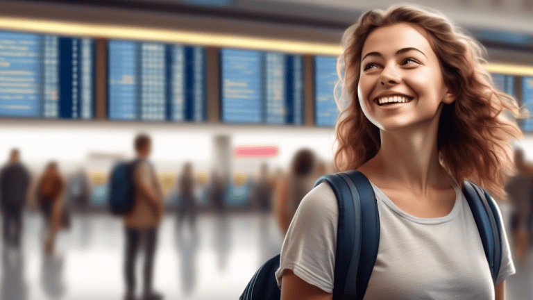A photorealistic image of a young woman with a backpack, standing in front of a departures board at an airport, looking up at the flight information with a smile on her face