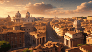 An establishing shot of the iconic skyline of Rome, Italy, showcasing its ancient ruins, such as the Colosseum and the Pantheon, alongside modern landmarks like skyscrapers and churches, all bathed in