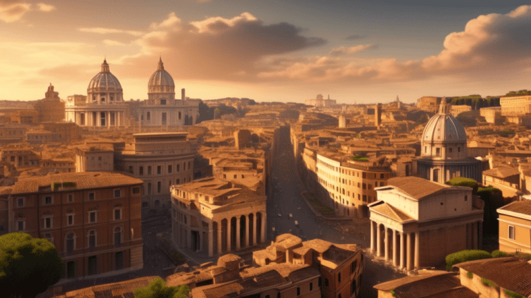 An establishing shot of the iconic skyline of Rome, Italy, showcasing its ancient ruins, such as the Colosseum and the Pantheon, alongside modern landmarks like skyscrapers and churches, all bathed in