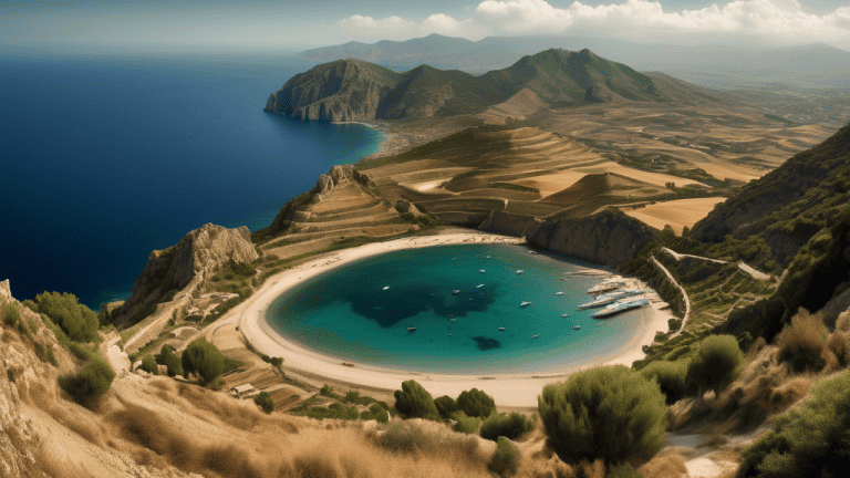 A panoramic photograph of the island of Sicily, showcasing its diverse landscapes and contrasting natural features, from towering mountains to pristine beaches, from lush valleys to arid deserts. The