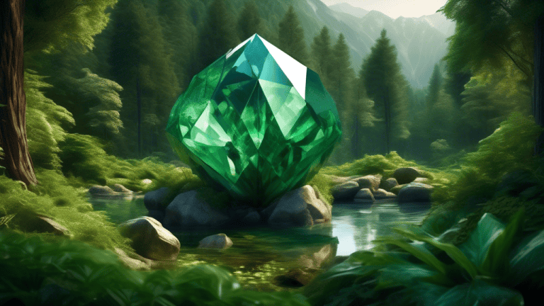 A multifaceted jewel nestled within a lush green forest, reflecting the surrounding mountains in its facets