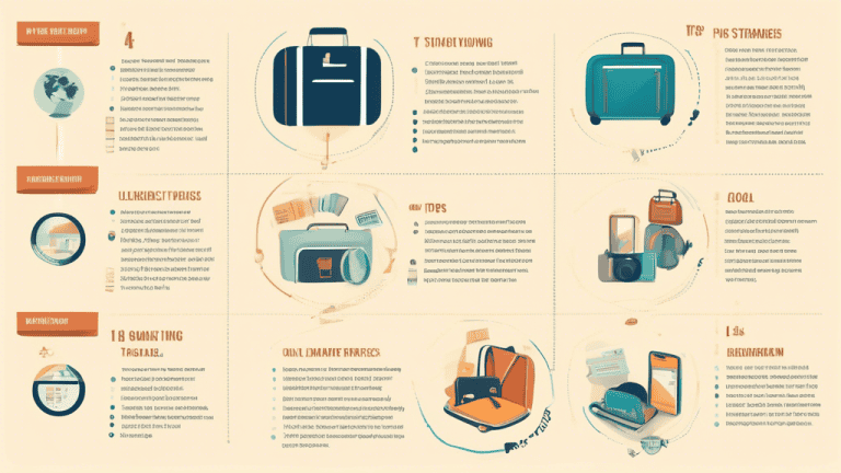 A visually appealing infographic depicting key tips and strategies for traveling smart, including packing light, staying organized, utilizing technology, and embracing local experiences. The image sho