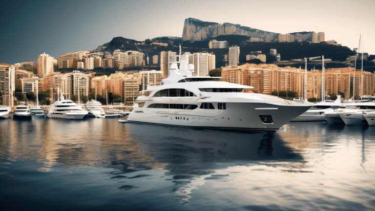 A luxury yacht docked in a harbor with the Monaco skyline in the background.