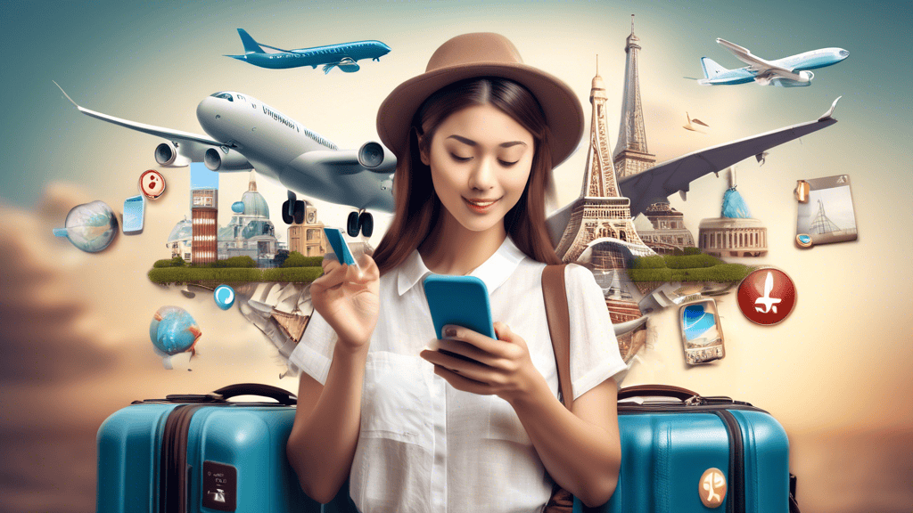 A woman with a suitcase using her smartphone to book travel plans with various travel icons floating around her, such as airplanes, trains, and famous landmarks