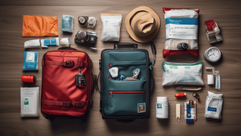**DALL-E Prompt:**nnCreate an image that depicts a traveler packing their bags for a trip while considering travel safety measures, including packing a first-aid kit, locking their passport securely,